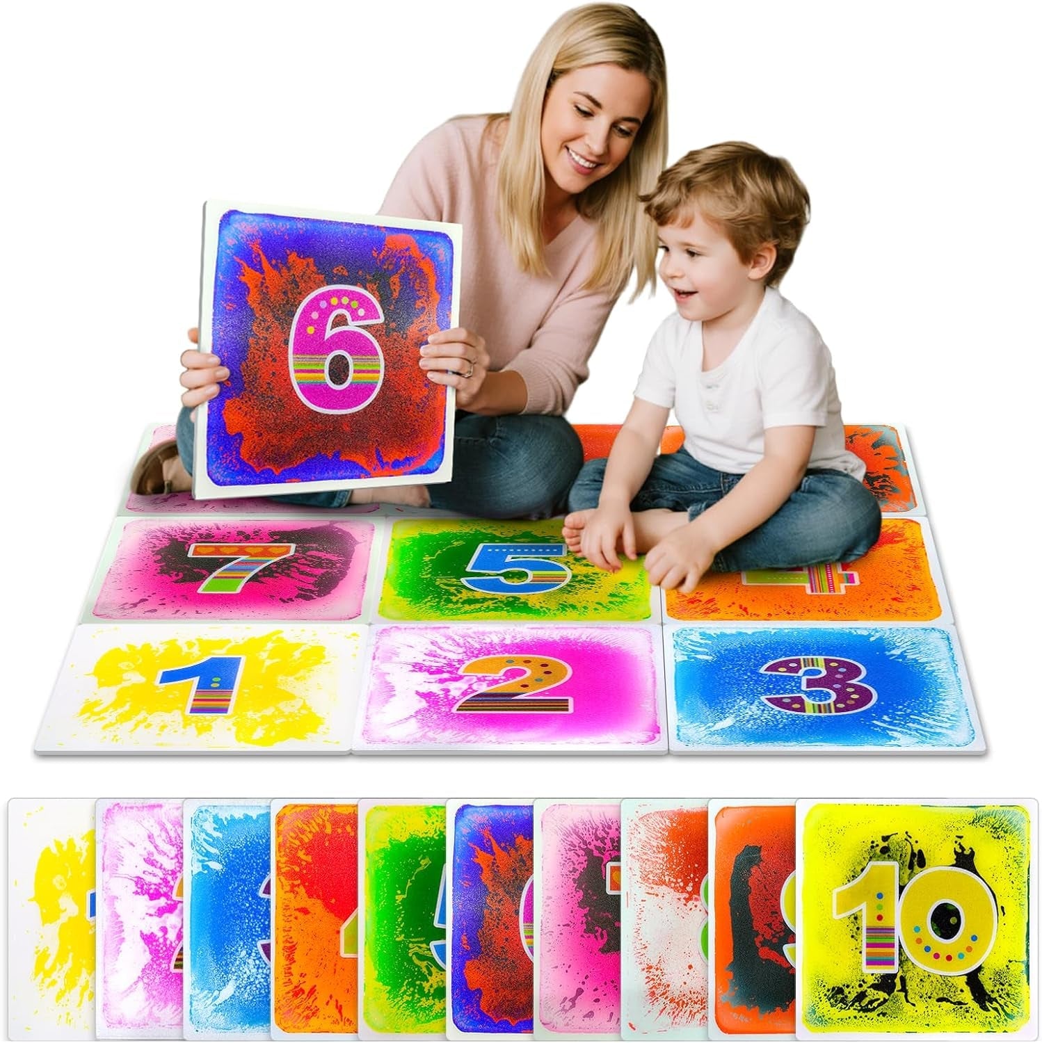 Sensory Floor Tiles for Kids Ages 3+ – 12" Liquid & Textured Step-On Tiles with Non-Slip Base, Colorful Liquid Motion for Interactive Play in Classroom or Playroom (4 Pack)