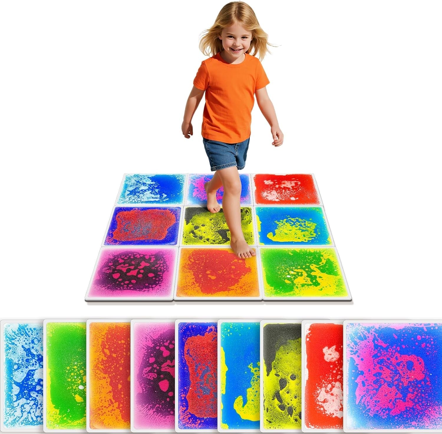 Sensory Floor Tiles for Kids Ages 3+ – 12" Liquid & Textured Step-On Tiles with Non-Slip Base, Colorful Liquid Motion for Interactive Play in Classroom or Playroom (4 Pack)