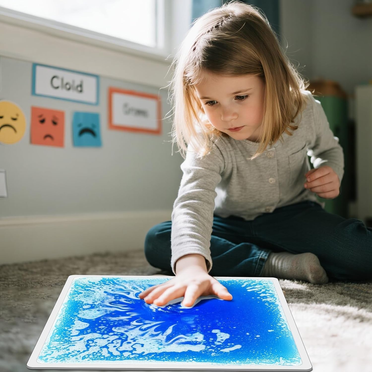 Sensory Floor Tiles for Kids Ages 3+ – 12" Liquid & Textured Step-On Tiles with Non-Slip Base, Colorful Liquid Motion for Interactive Play in Classroom or Playroom (4 Pack)