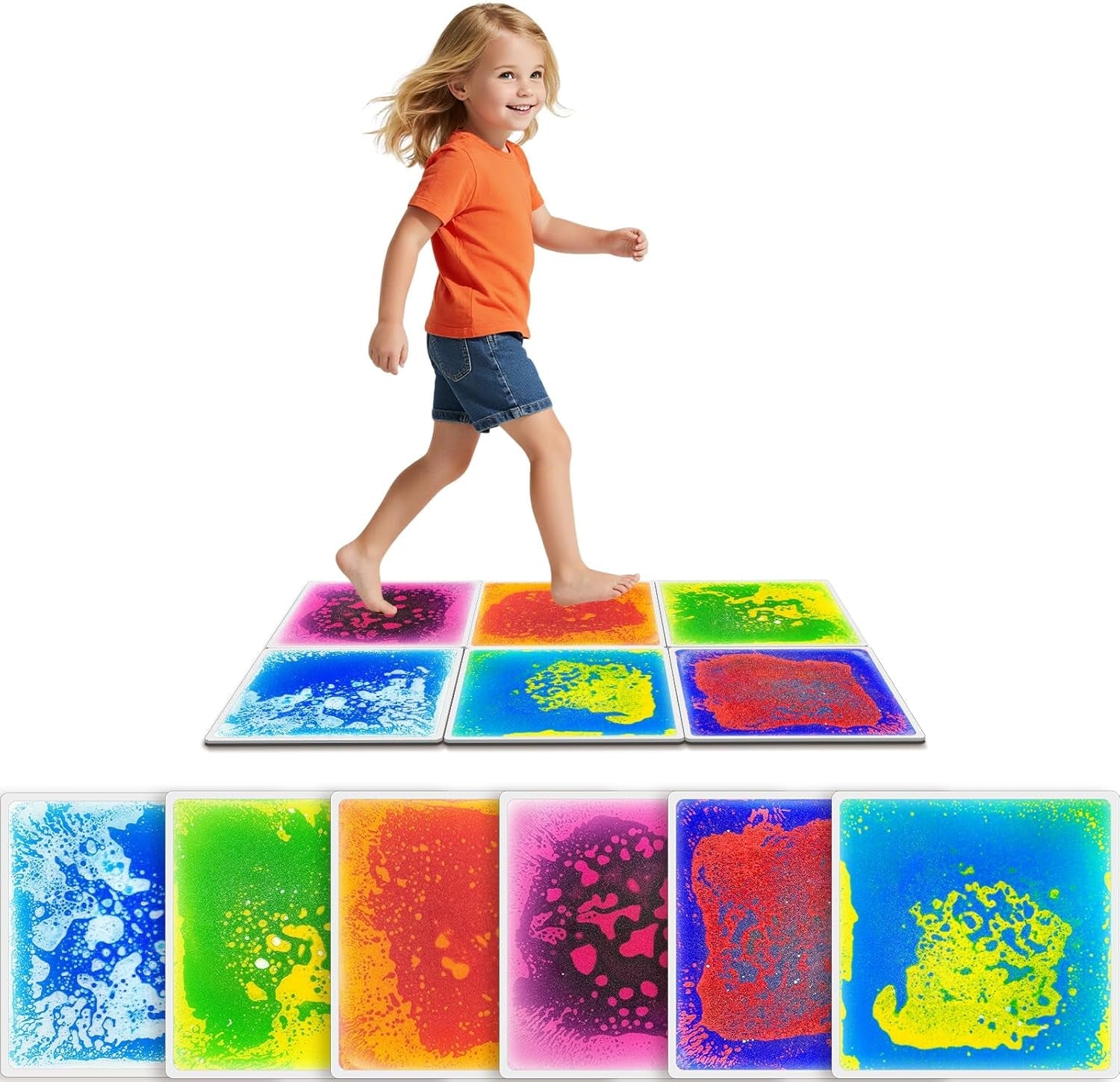 Sensory Floor Tiles for Kids Ages 3+ – 12" Liquid & Textured Step-On Tiles with Non-Slip Base, Colorful Liquid Motion for Interactive Play in Classroom or Playroom (4 Pack)