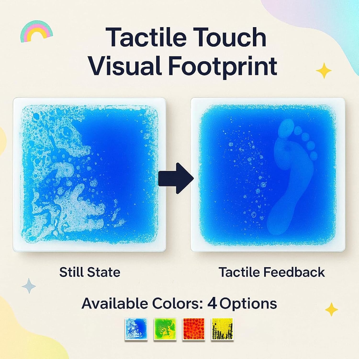 Sensory Floor Tiles for Kids Ages 3+ – 12" Liquid & Textured Step-On Tiles with Non-Slip Base, Colorful Liquid Motion for Interactive Play in Classroom or Playroom (4 Pack)