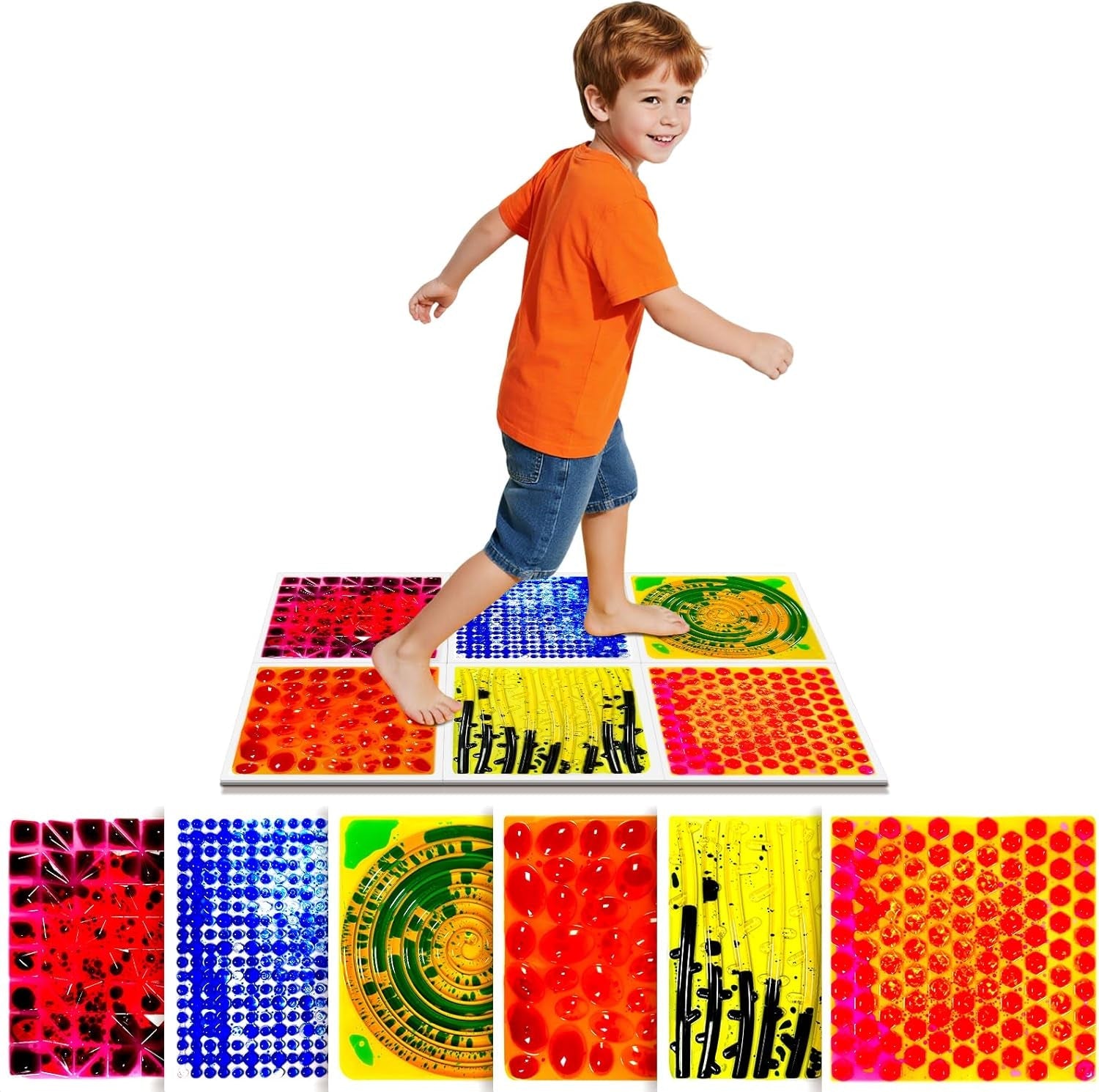 Sensory Floor Tiles for Kids Ages 3+ – 12" Liquid & Textured Step-On Tiles with Non-Slip Base, Colorful Liquid Motion for Interactive Play in Classroom or Playroom (4 Pack)