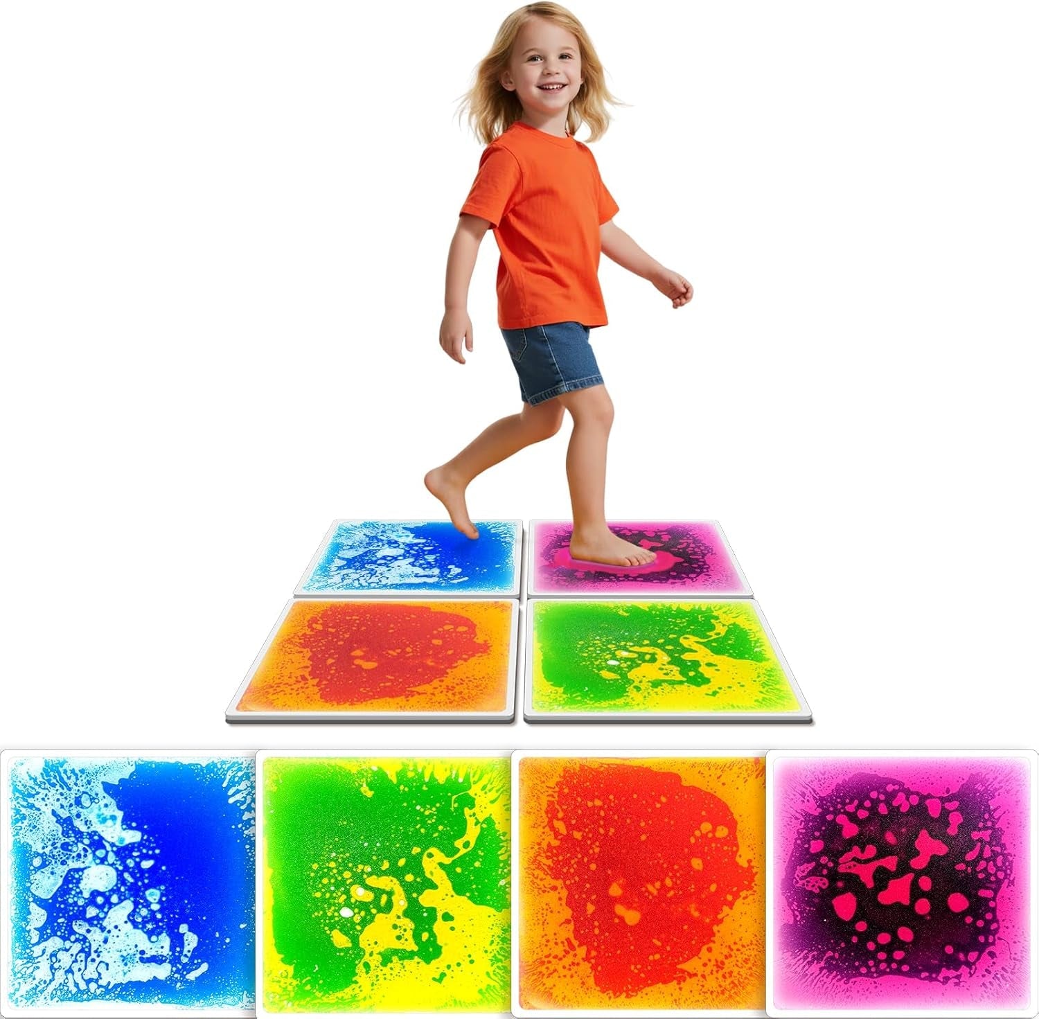 Sensory Floor Tiles for Kids Ages 3+ – 12" Liquid & Textured Step-On Tiles with Non-Slip Base, Colorful Liquid Motion for Interactive Play in Classroom or Playroom (4 Pack)