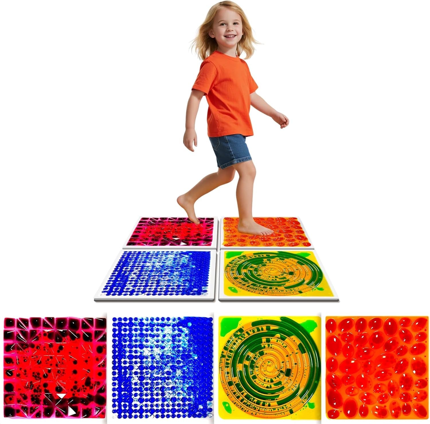 Sensory Floor Tiles for Kids Ages 3+ – 12" Liquid & Textured Step-On Tiles with Non-Slip Base, Colorful Liquid Motion for Interactive Play in Classroom or Playroom (4 Pack)