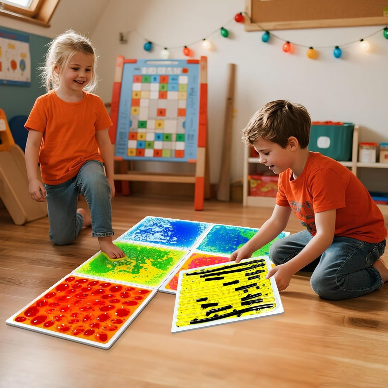 Sensory Floor Tiles for Kids Ages 3+ – 12" Liquid & Textured Step-On Tiles with Non-Slip Base, Colorful Liquid Motion for Interactive Play in Classroom or Playroom (4 Pack)
