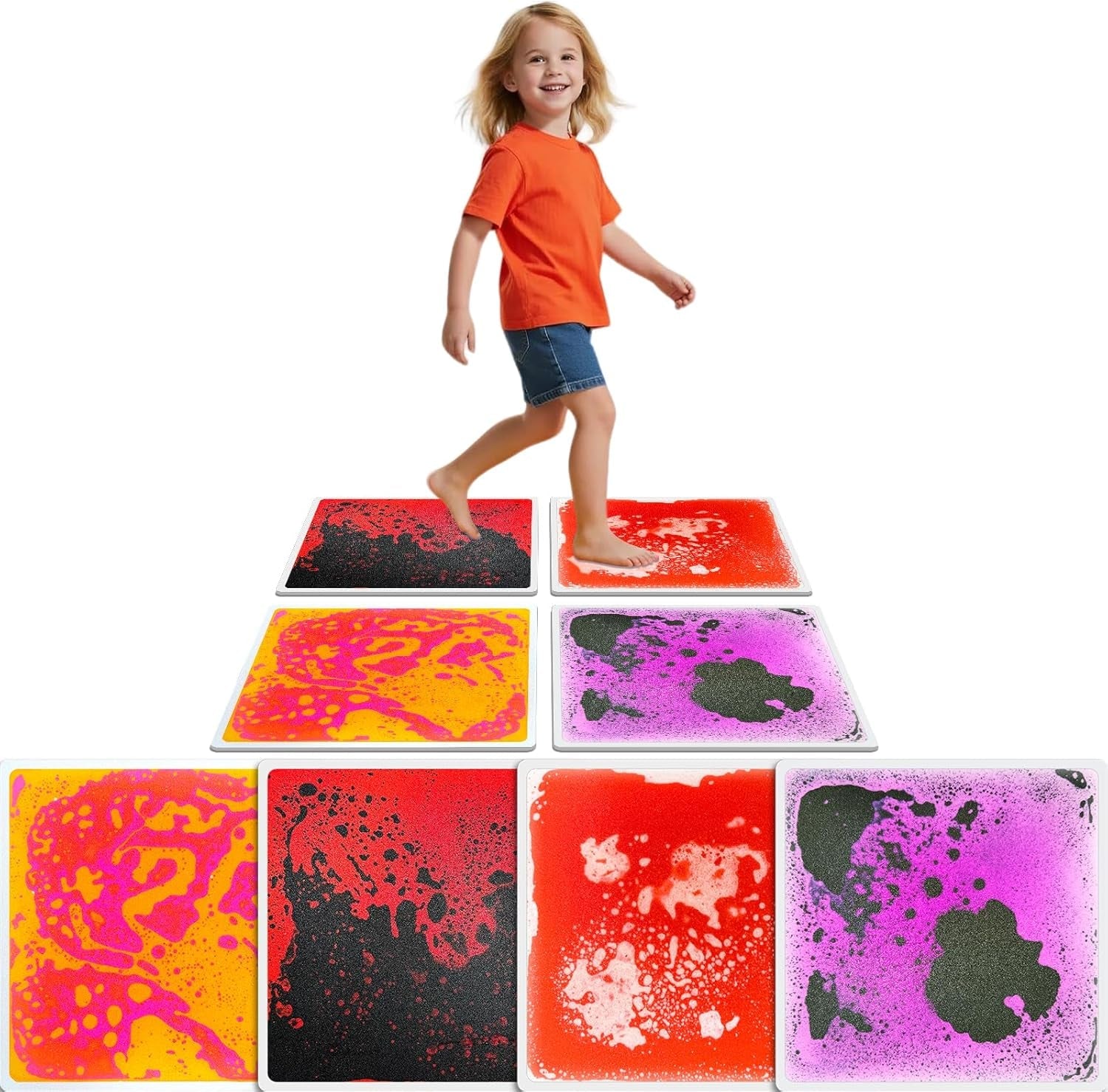 Sensory Floor Tiles for Kids Ages 3+ – 12" Liquid & Textured Step-On Tiles with Non-Slip Base, Colorful Liquid Motion for Interactive Play in Classroom or Playroom (4 Pack)